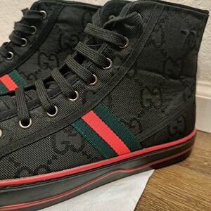 Gucci Tennis 1977 Monogram Canvas High Top Sneaker Blk Shoes US10.5 + FREE Socks